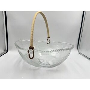 Vintage Glass Bowl Poinsettia Basket Handle Christmas Decor Frosted Crystal